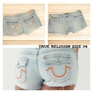 New TRUE RELIGION Joey Low Rise Cut Off Denim Jean Shorts Flap Pockets Women 34